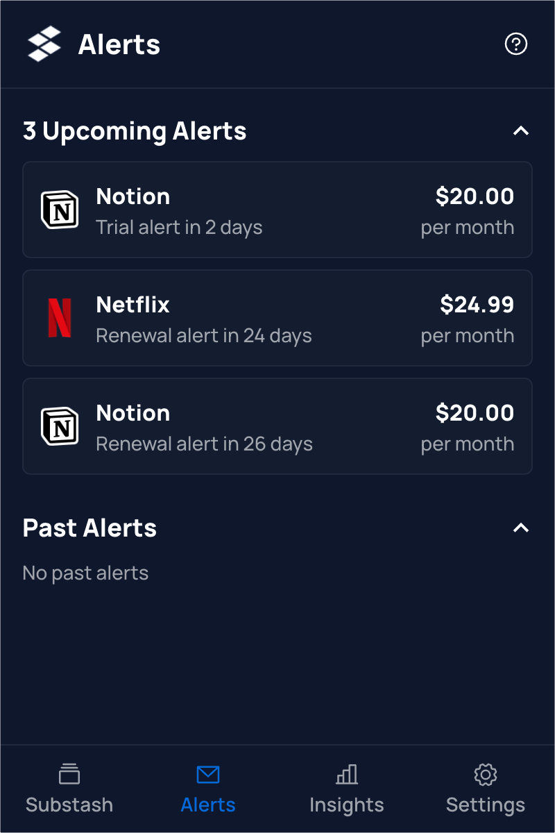 Substash email alerts dashboard showing upcoming renewal and trial end notifications
