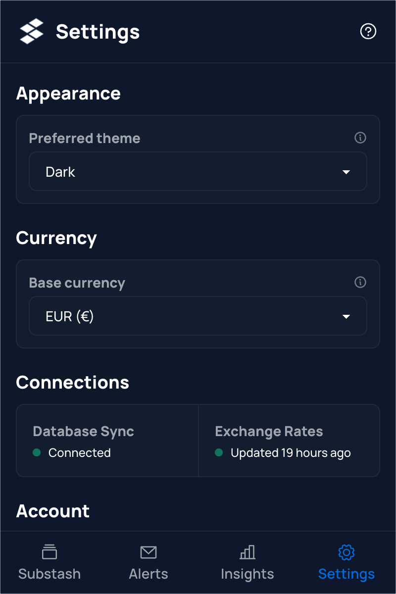 Substash settings page showing theme selection and currency options